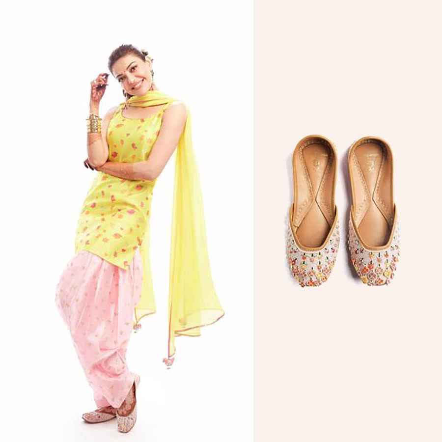 Kajal Aggarwal in Falling Flowers Lilac Jutti- Limited Edition: Rahul Mishra X Fizzy Goblet