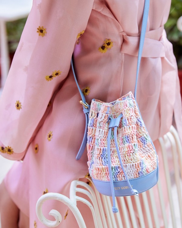 Mini Bucket Bag In Leather With Raffia Multicolour