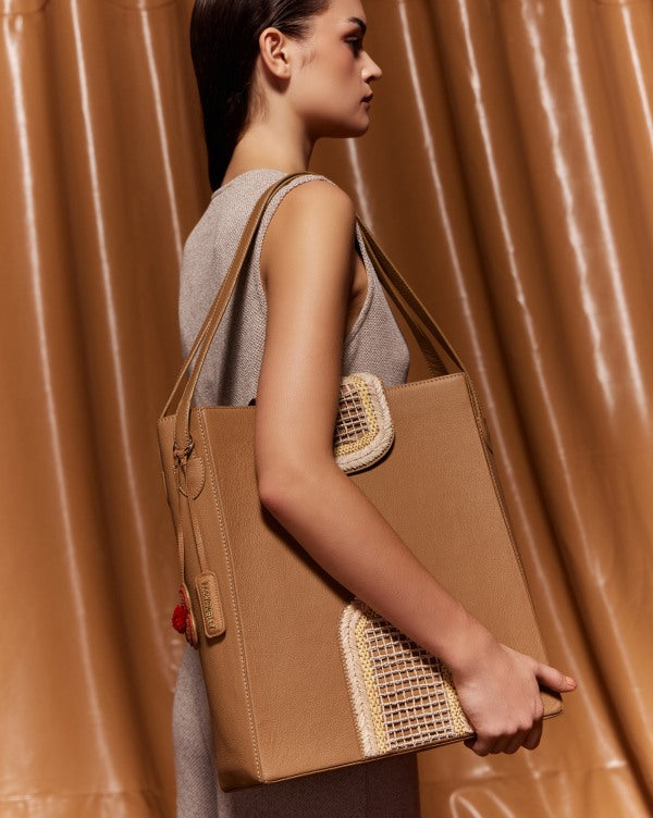 The Flappie Tote Leather - Tan (With Raffia Embroidery)
