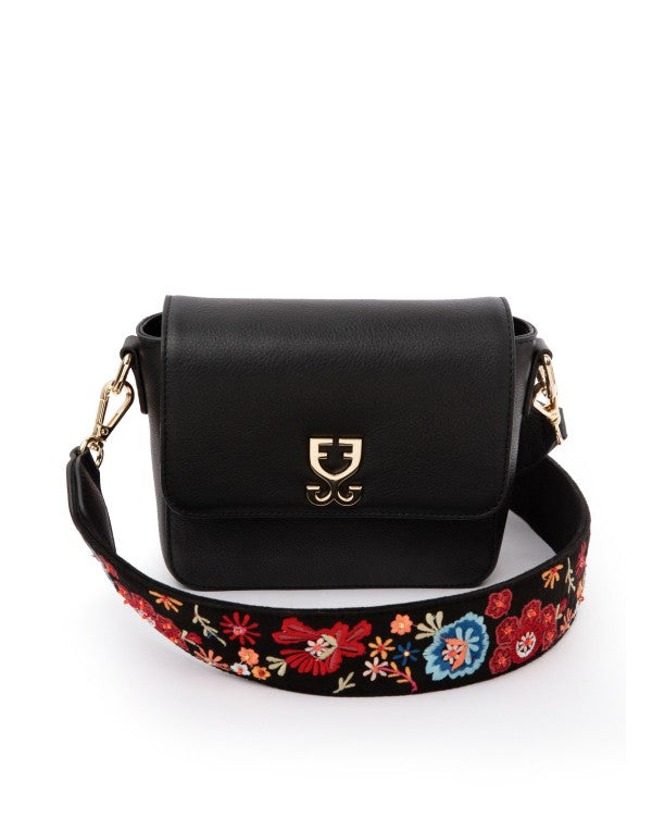 Mini Goblet Crossbody Leather :  Black With Embroidered Strap