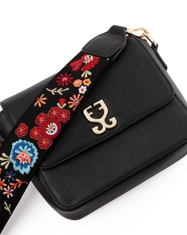 Mini Goblet Crossbody Leather :  Black With Embroidered Strap