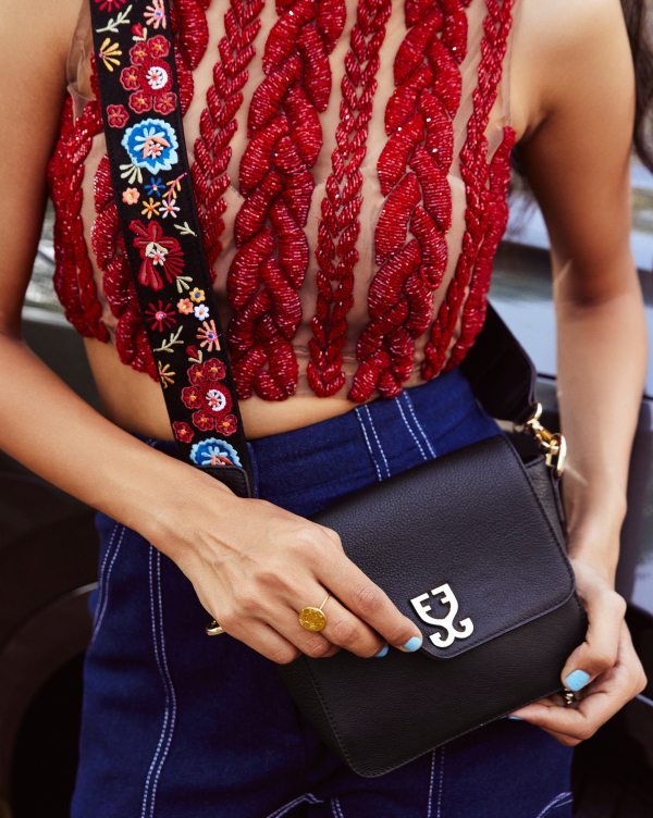 Mini Goblet Crossbody Vegan Leather Black With Embroidered Strap