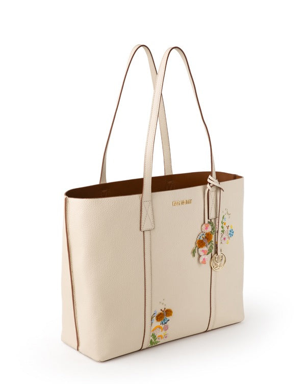 Fizzy Tote Leather – Cream (With honeybee and floral embroidery)