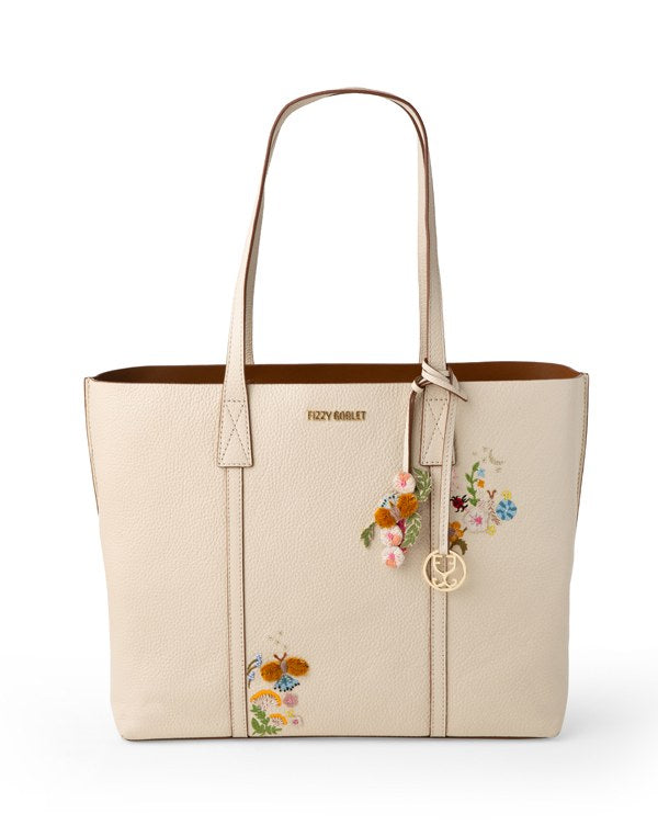 Fizzy Tote Leather – Cream (With honeybee and floral embroidery)