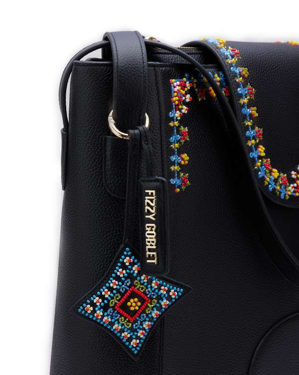 The Flappie Tote Leather - Black (With Beads Embroidery)