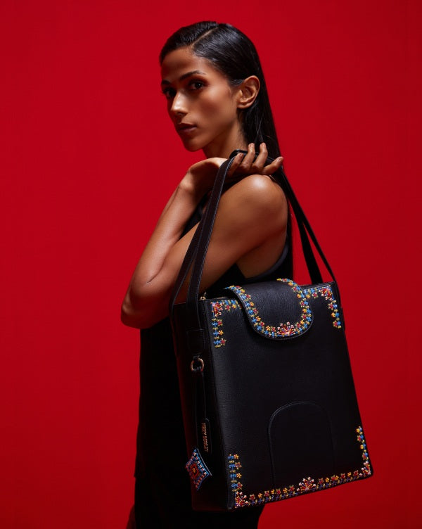 The Flappie Tote Leather - Black (With Beads Embroidery)