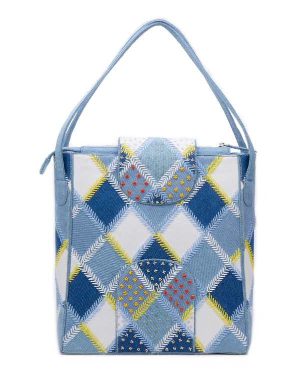 The Flappie Tote -  Denim Patchwork (With Beads Embroidery)