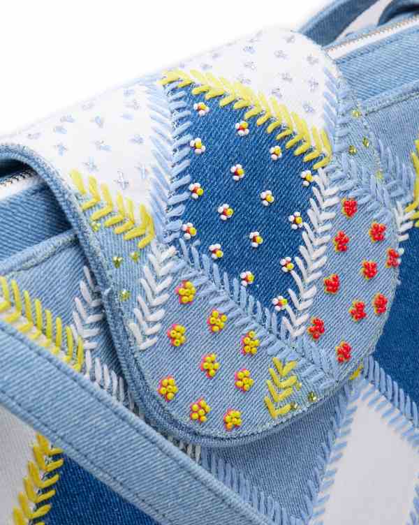 The Flappie Tote -  Denim Patchwork (With Beads Embroidery)