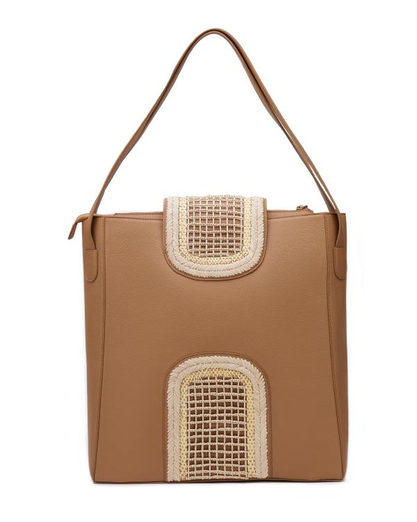 The Flappie Tote Leather - Tan (With Raffia Embroidery)
