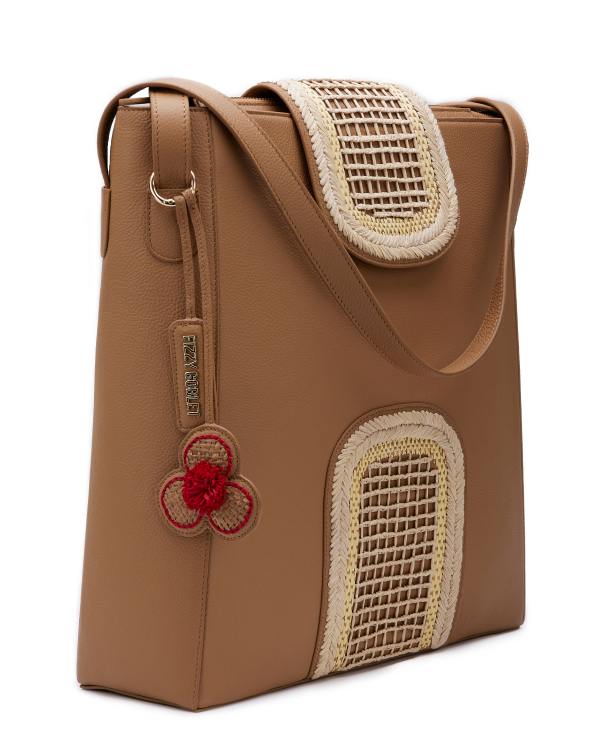 The Flappie Tote Leather - Tan (With Raffia Embroidery)