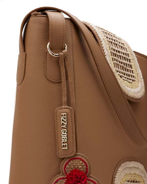 The Flappie Tote Leather - Tan (With Raffia Embroidery)