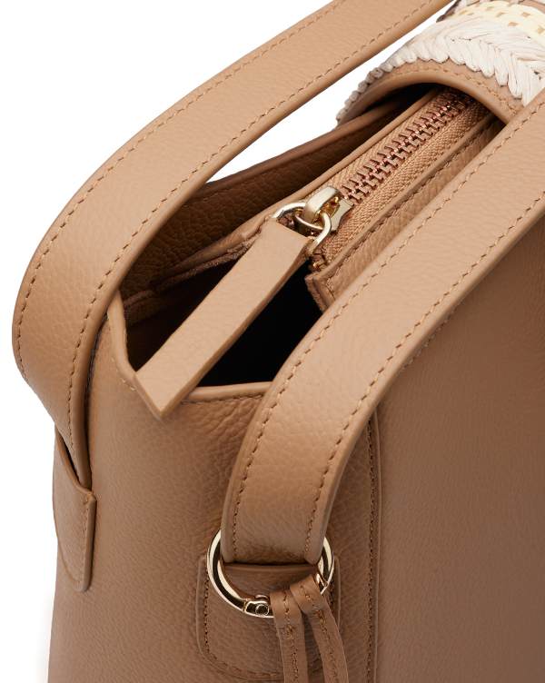 The Flappie Tote Leather - Tan (With Raffia Embroidery)