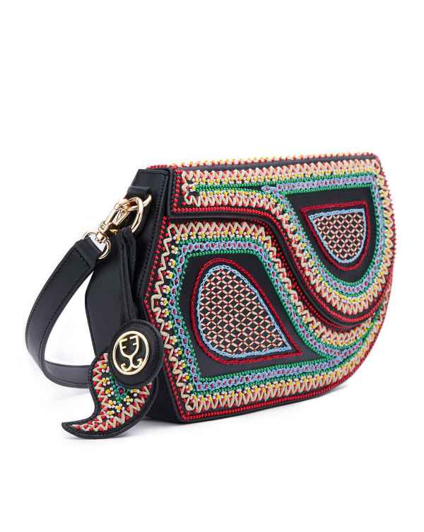GEO Shoulder Bag Leather -  Black (With Colourful Beads)