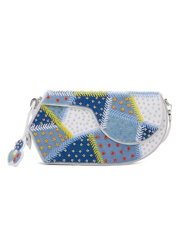GEO Shoulder Bag Leather - Denim Patchwork (With Beads Embroidery)