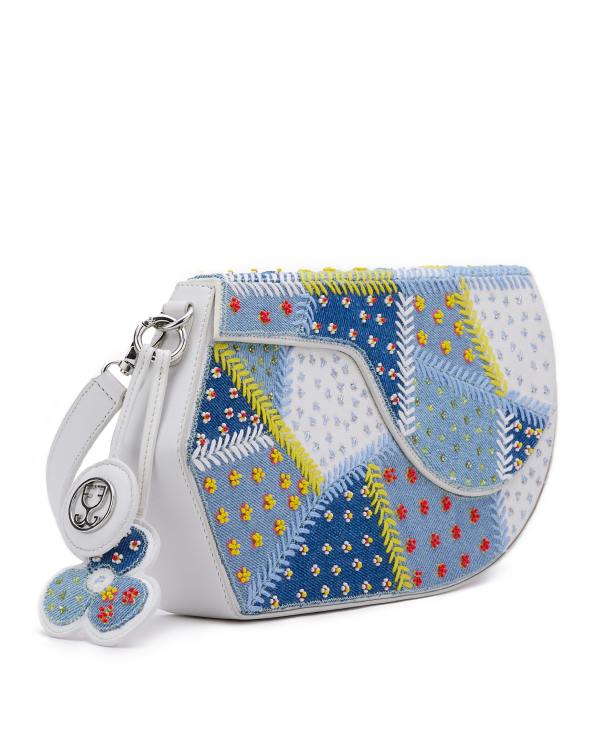 GEO Shoulder Bag Leather - Denim Patchwork (With Beads Embroidery)