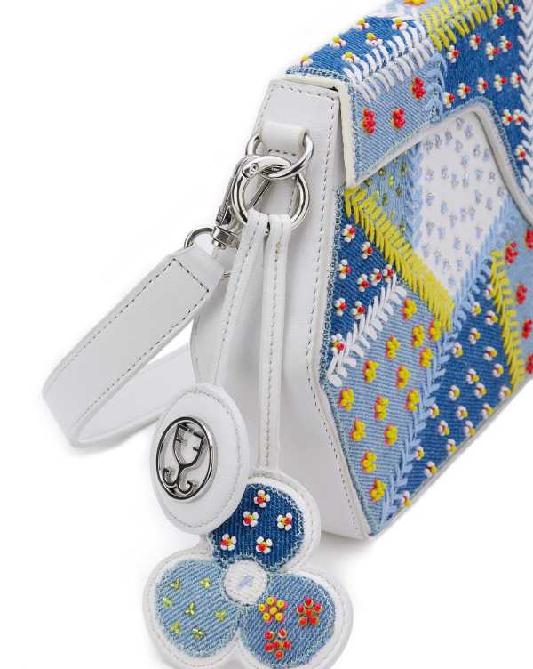 GEO Shoulder Bag Leather - Denim Patchwork (With Beads Embroidery)