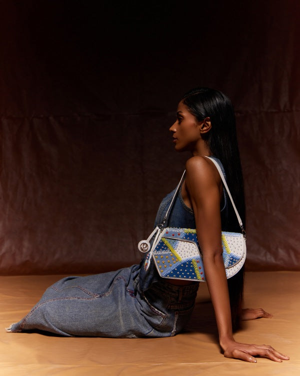 GEO Shoulder Bag Leather - Denim Patchwork (With Beads Embroidery)