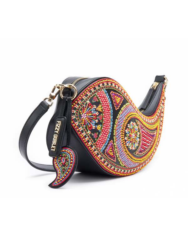 NEO Shoulder Bag Leather -  Black (With Colourful Beads)