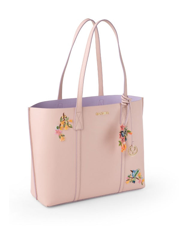 Fizzy Tote Leather – Blush Pink (With hummingbird and floral embroidery)