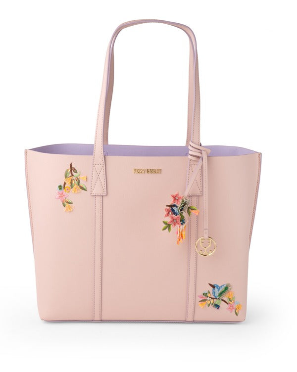 Fizzy Tote Leather – Blush Pink (With hummingbird and floral embroidery)