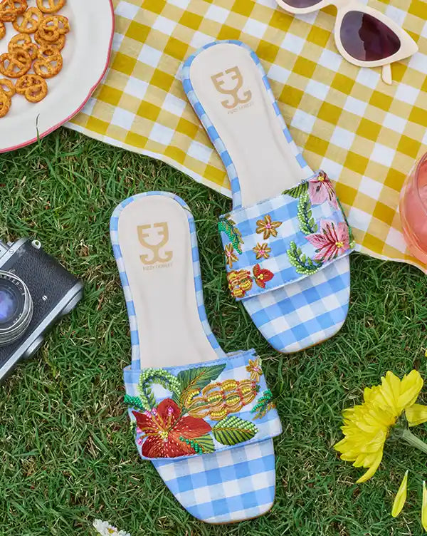 Brunch Bunch : Sandals - Handcrafted - Gingham - Blue - Fizzy Goblet