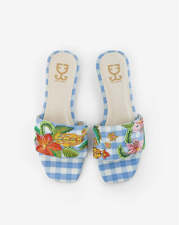 Brunch Bunch : Sandals - Handcrafted - Gingham - Blue - Fizzy Goblet
