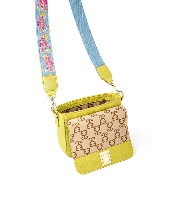 Mini Goblet Crossbody Leather – Lime Green with Denim Straps